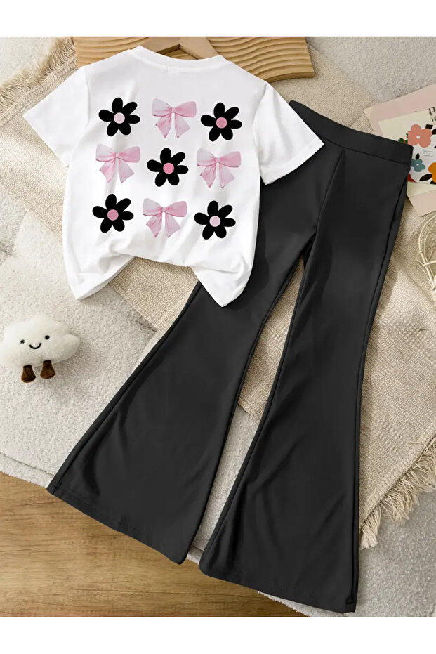 Girl Floral Ribbons Back Printed White T-Shirt-Black Flared Leggings Set