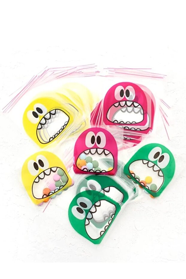 Canavar Desenli Bantlı Şeffaf Poşet Hediyelik Kendinden Yapışkanlı Jelatin 10x15cm 100 Adet - 3