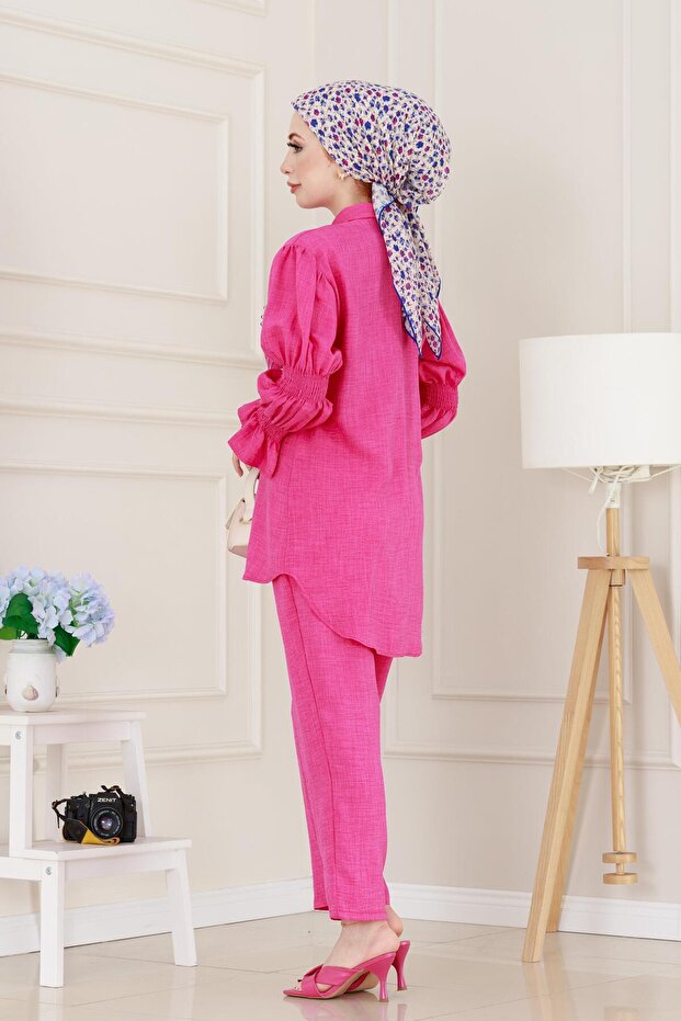 Double Suit with Stones on the Front and Elastic Sleeves - Fuchsia - 5