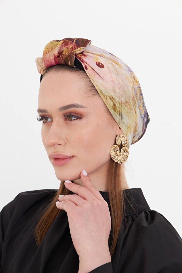 Gold Practical Ready-Made Hijab Bonnet Cut Fiber Retro Patterned 2409_03