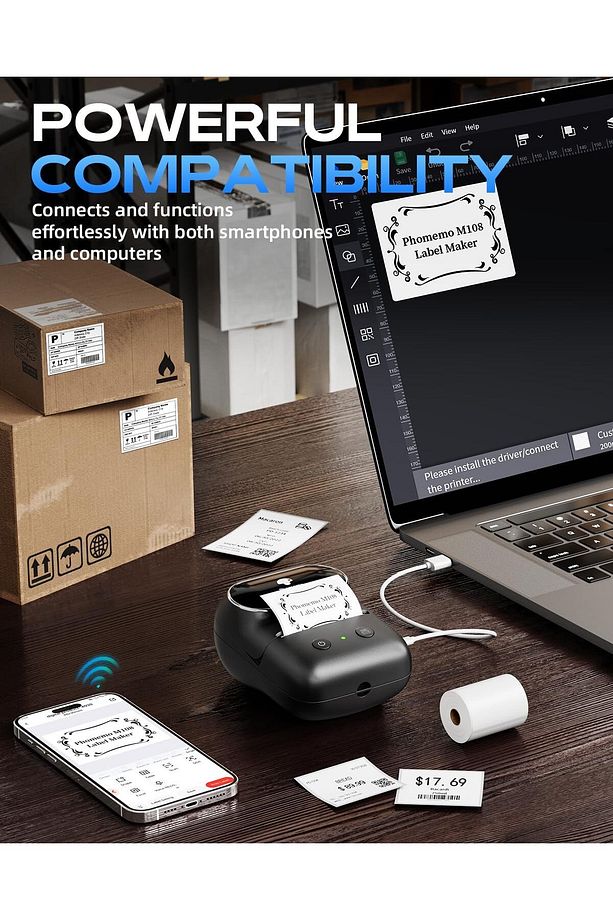 M108 Etiket Yazıcısı Siyah, (20-50mm) Kablosuz Taşınabilir Bluetooth, USB Şarjlı, Android, Ios Ve Pc - 3