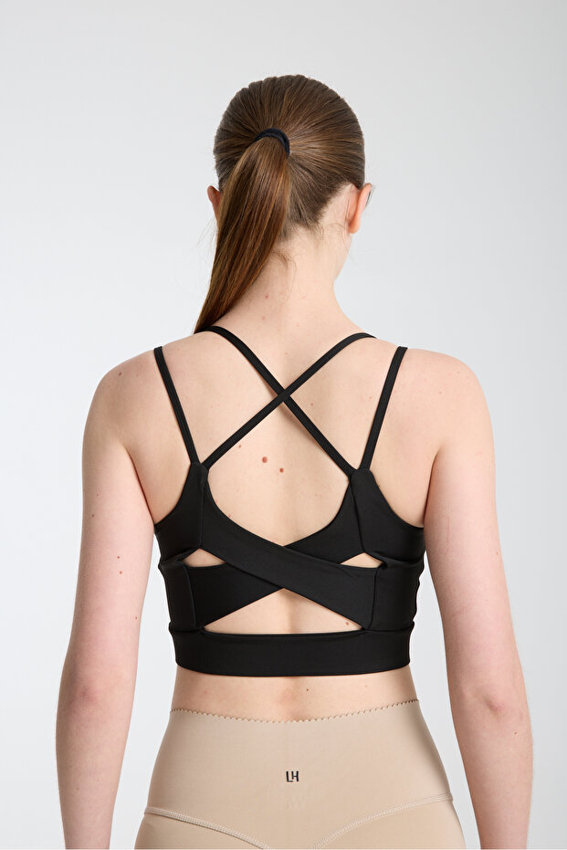Women's Black Back Detailed Rope Strap Inner Padded Sports Bra