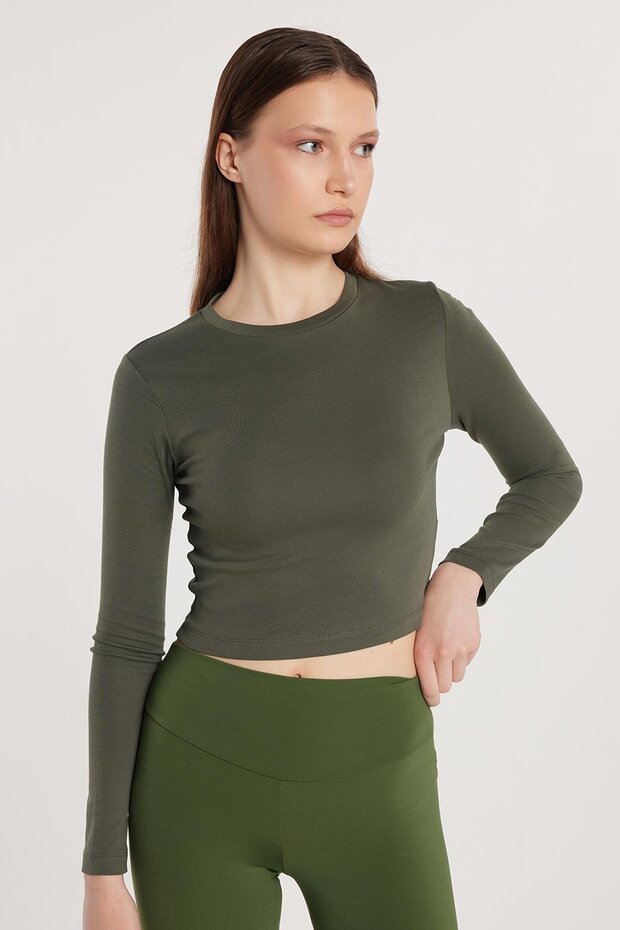 Women's Slim Fit Cotton Long Sleeve Plain Crew Neck Khaki Blouse