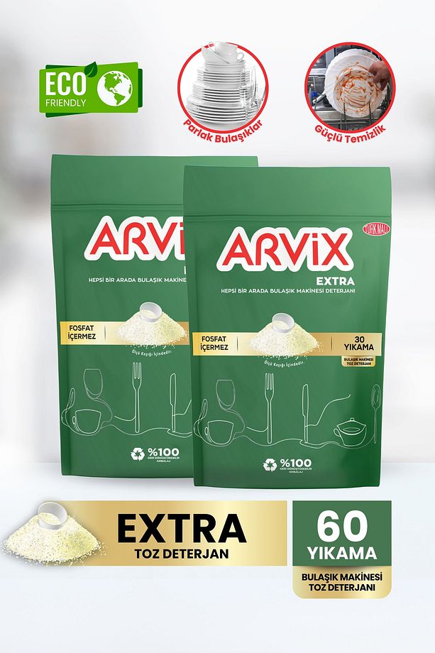 ARVİX HEPSİ BİR ARADA BULAŞIK MAKİNESİ TOZ DETERJANI 2 PAKET 60 YIKAMA - 1