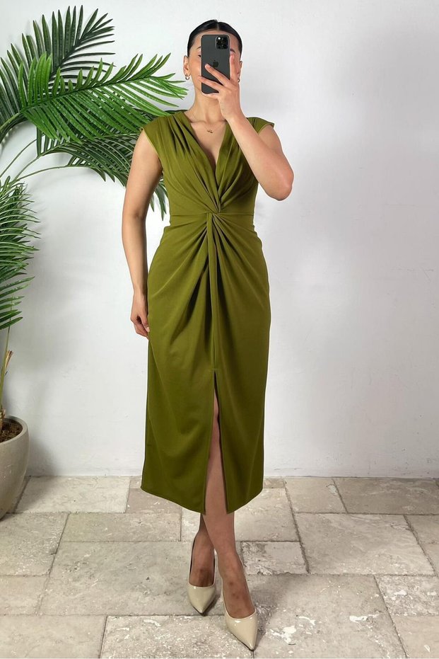 Oil Green Slit Detailed Double Breasted Collar Women's Dress Mg2417