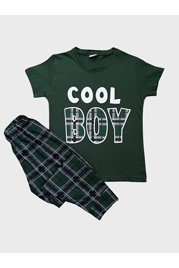 Boys Cotton Green Cool Boy Text Patterned Six Plaid Short Sleeve Pajama Set