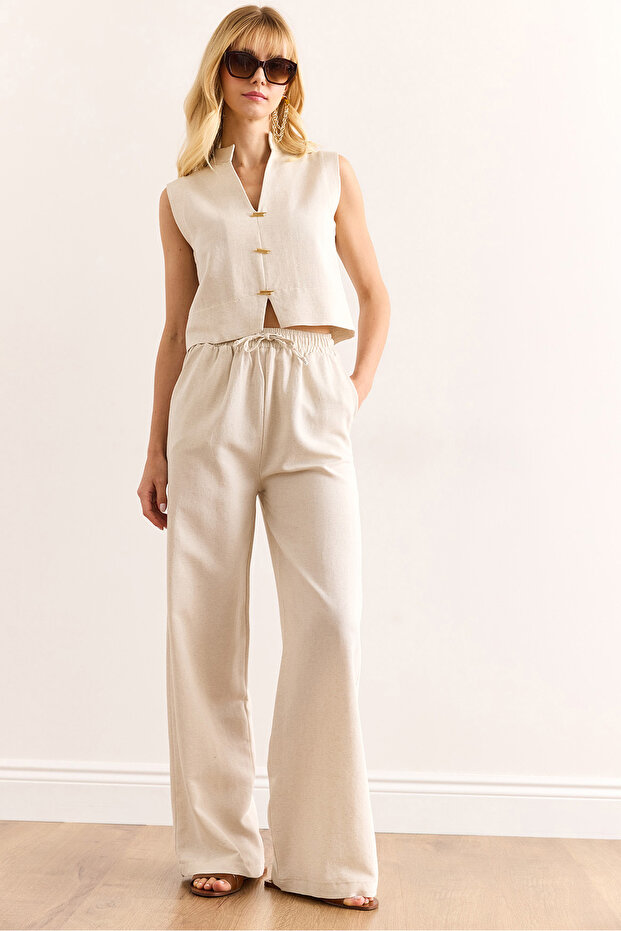 Women's Stone Accessory Top and Bottom Linen Content Suit Tkm-19000383