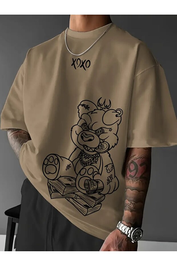 Casual Graphic Money and Bad Teddy Bear Print T-Shirt for Men, Y2K Style Bold Design,