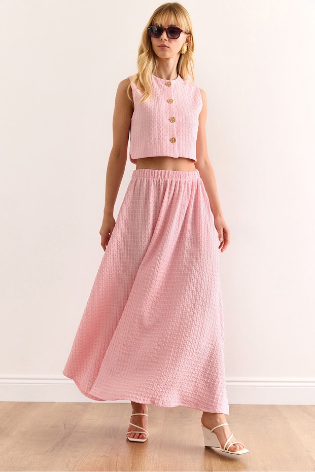 Women's Pink Top Lined Vest Bottom Pocket Midi Skirt Suit Tkm-19000387