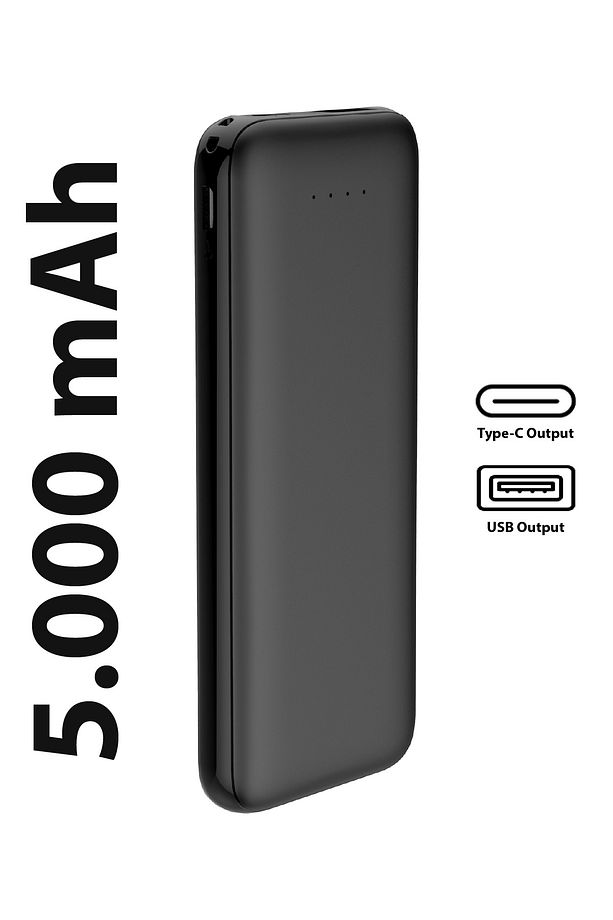 Thin 5B Slim Ultra ince 5000mAh Powerbank Taşınabilir Şarj Cijhazı Type-C / USB / Total Output 2.1A - 4