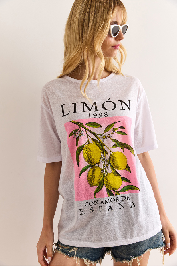 Women's Lemon White Printed Flared T-Shirt Tsh-19000911