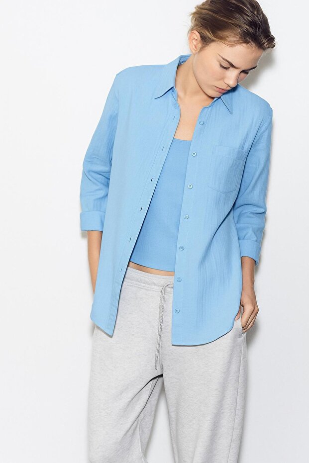 Oversize Basic Düğmeli Müslin Gömlek - 1