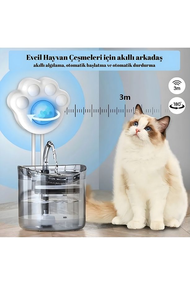 Kedi Su Sebili Hareket Sensörü 3 Metreye Kadar Otomatik Algılama USB Girişli - 3