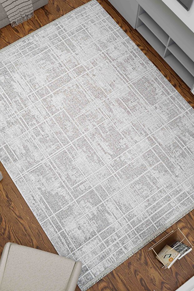 Line Patterned Washable Non-Slip Base Chenille Gray White Kitchen Carpet 8369