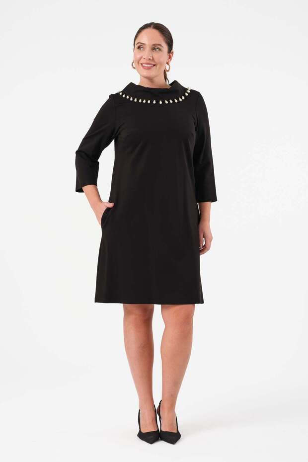 Devrik Yaka İnci Detaylı Elbise - Siyah - 1