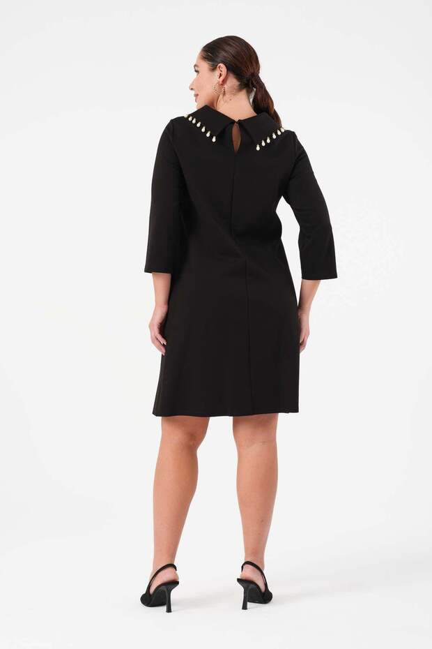 Devrik Yaka İnci Detaylı Elbise - Siyah - 4
