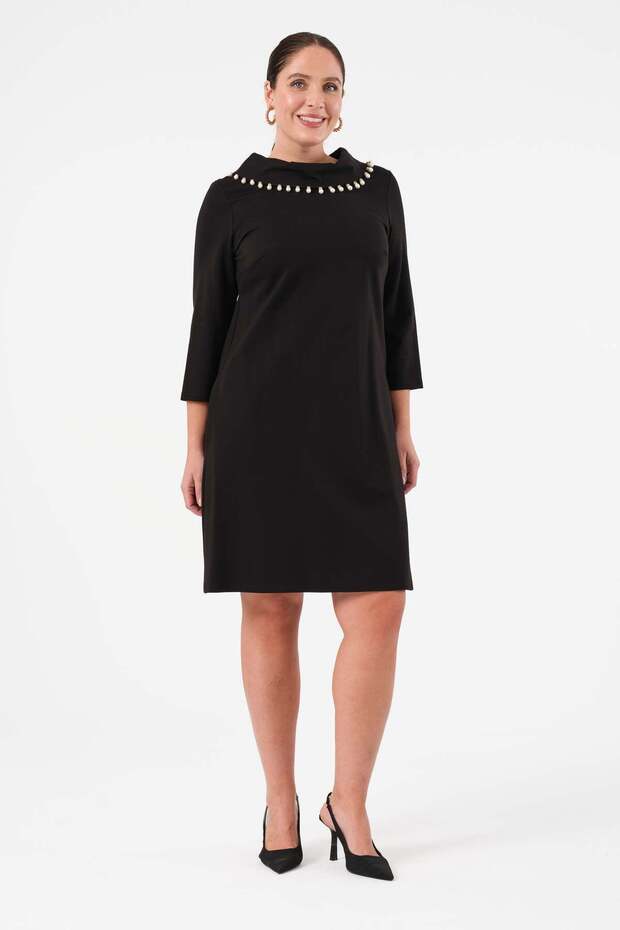 Devrik Yaka İnci Detaylı Elbise - Siyah - 2