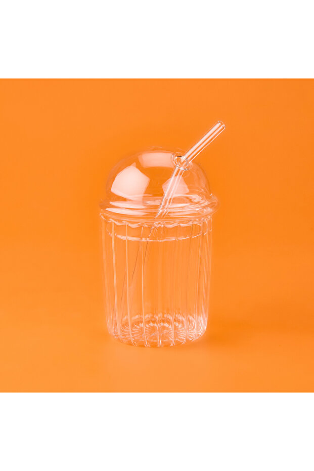 İpek Elbis Large Size Lid Glass with Straw - Transparent - 490 ml - 1