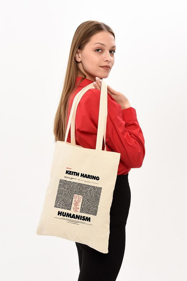Keith Haring Baskılı Ham Bez Çanta - 8