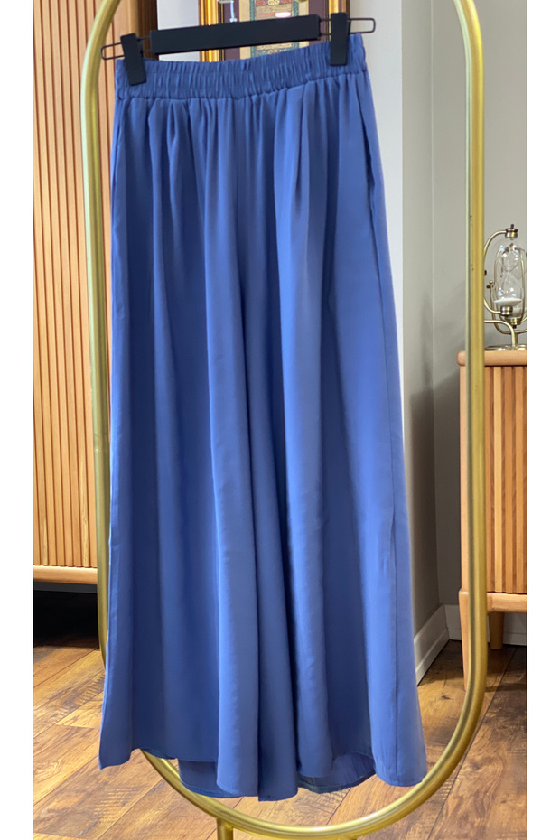 Wide Leg Modal Skirt Trousers with Elastic Waist - Indigo