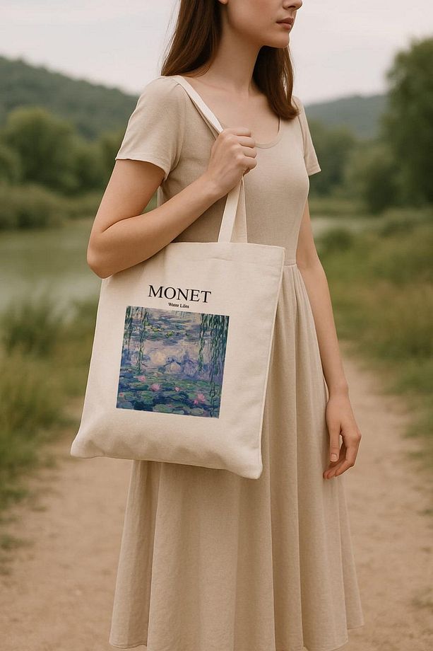 Monet Baskılı Ham Bez Çanta - 1