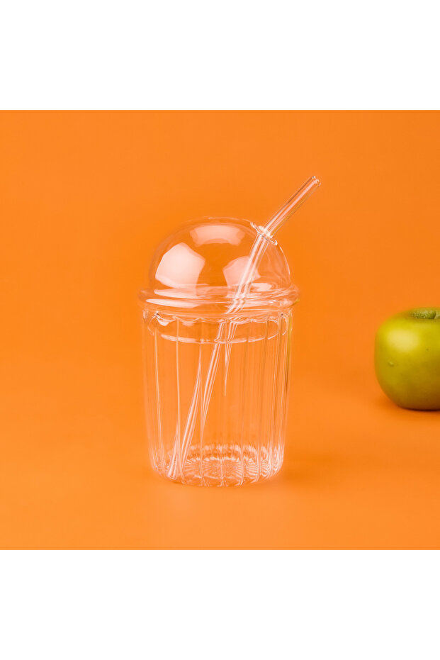 İpek Elbis Large Size Lid Glass with Straw - Transparent - 490 ml - 2