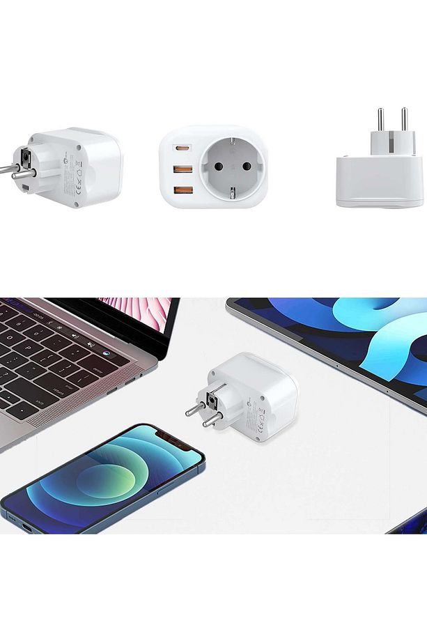 USB Type-C Priz Dönüştürücü Şarj Adaptörü Priz - 2 USB - 1 Type-C Girişli Çoklu Fiş - 8