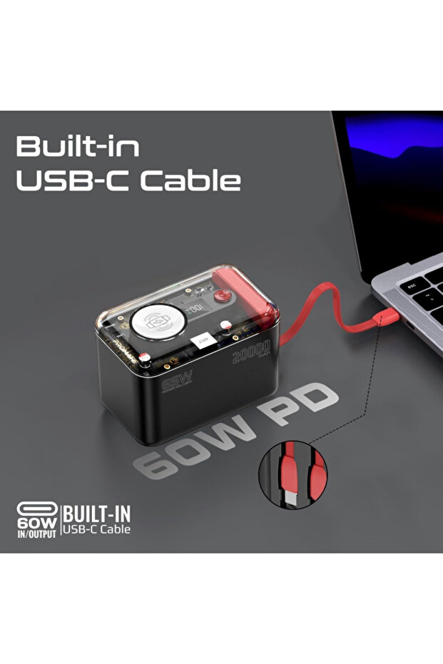 بنك طاقة شفاف 65 وات مع كابل USB-C و Lightning مدمج - 20000 مللي أمبير في الساعة - أحمر - 4