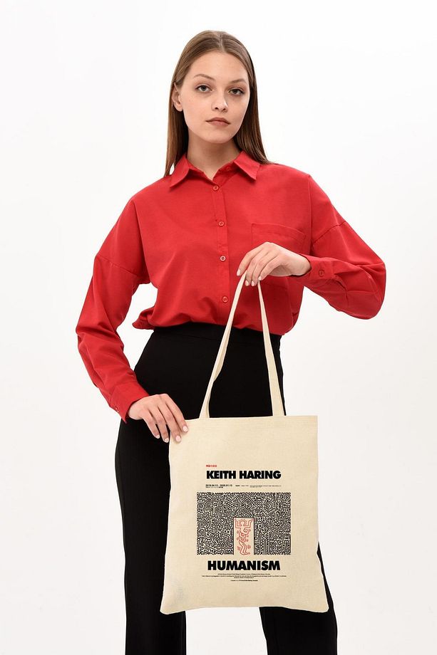 Keith Haring Baskılı Ham Bez Çanta - 7