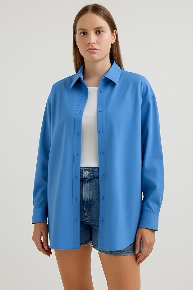 Koyu Mavi Uzun Oversize Basic Gömlek - 1