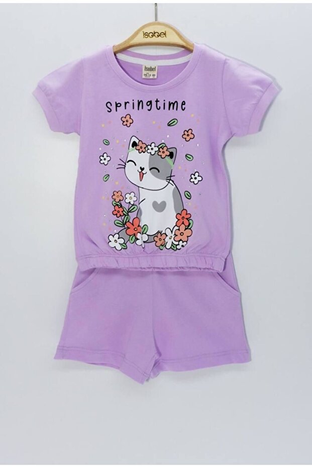 Cat Printed Cute Baby Girl Elastic Sleeves Top and Bottom Shorts Set