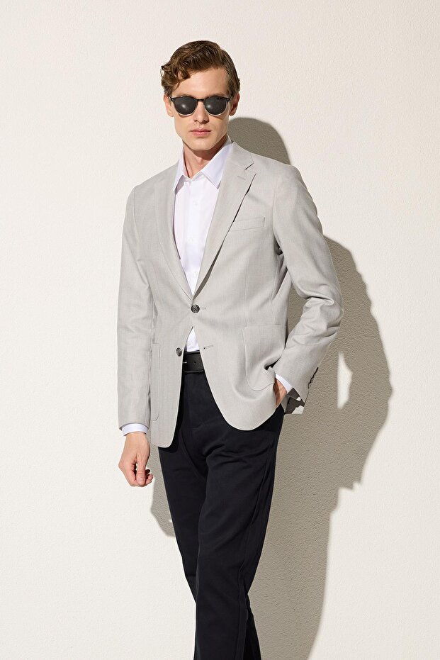 Men's Slim Fit Mono Collar Double Slit Casual Gray Single Jacket