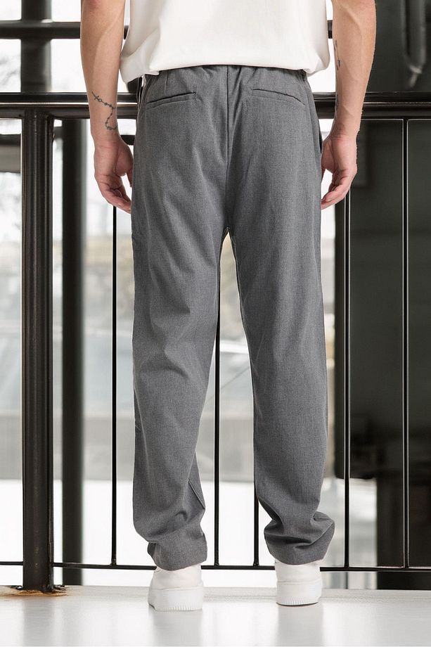Önü Çift Pileli Fermuarlı Beli Lastikli Jogger Erkek Pantolon - Füme - 5