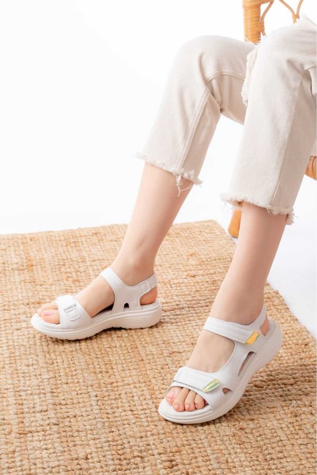 Women's White Thick Sole Velcro Hologram Detailed Sports Sandals
