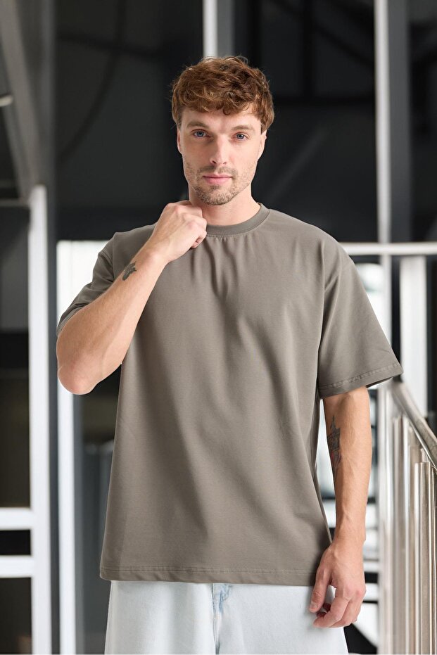 Two Thread Fabric Cotton Crew Neck Basic Oversize Men's T-Shirt - Capari
