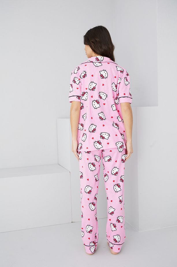 pembe lisanslı hello kitty desenli Pamuklu Düğmeli Biyeli Örme Pijama Takım7352 - 3