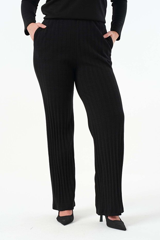 Piliseli Örme Pantolon - Siyah - 1