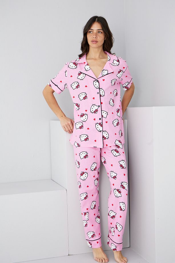 pembe lisanslı hello kitty desenli Pamuklu Düğmeli Biyeli Örme Pijama Takım7352 - 2