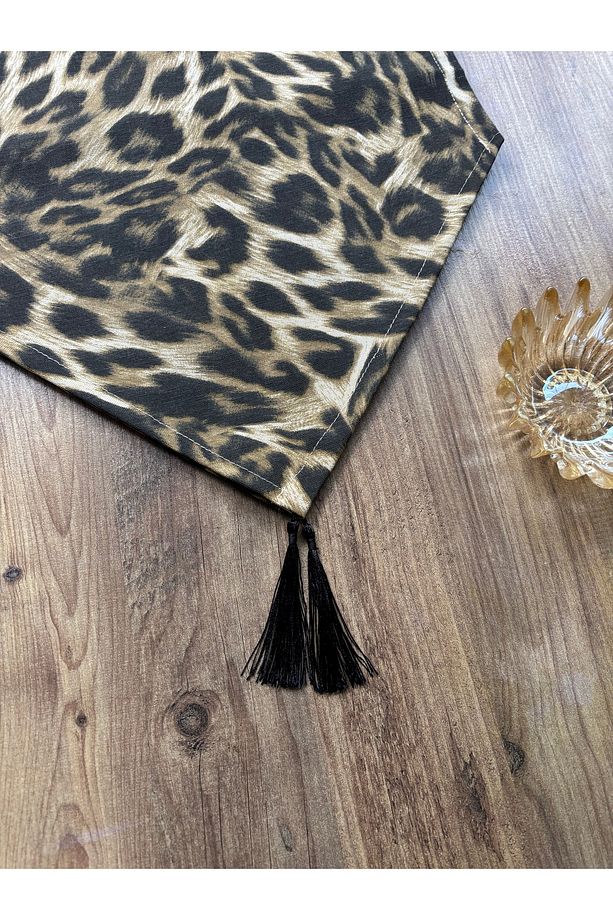 Leopar Desenli Runner ve 6’lı Siyah Supla Takımı | Duck Keten Runner | Modern Sofra Takımı - 4