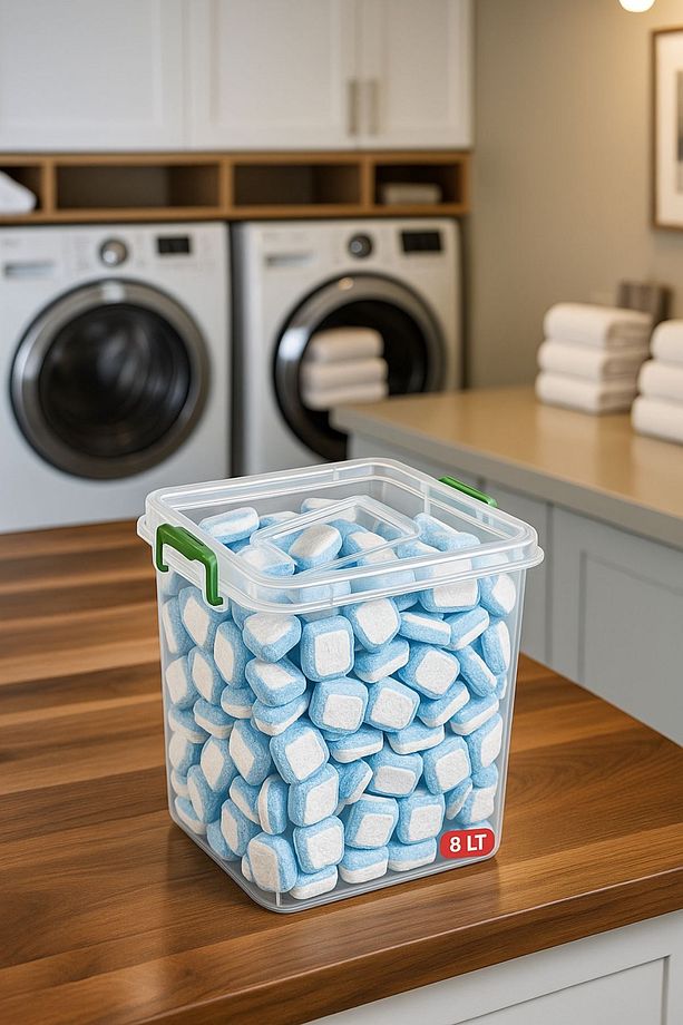 2'li Mega Boy 8 Lt Kilit Kapaklı Deterjan Saklama Kabı - Tablet Deterjan Saklama Kutusu Şeffaf - 2
