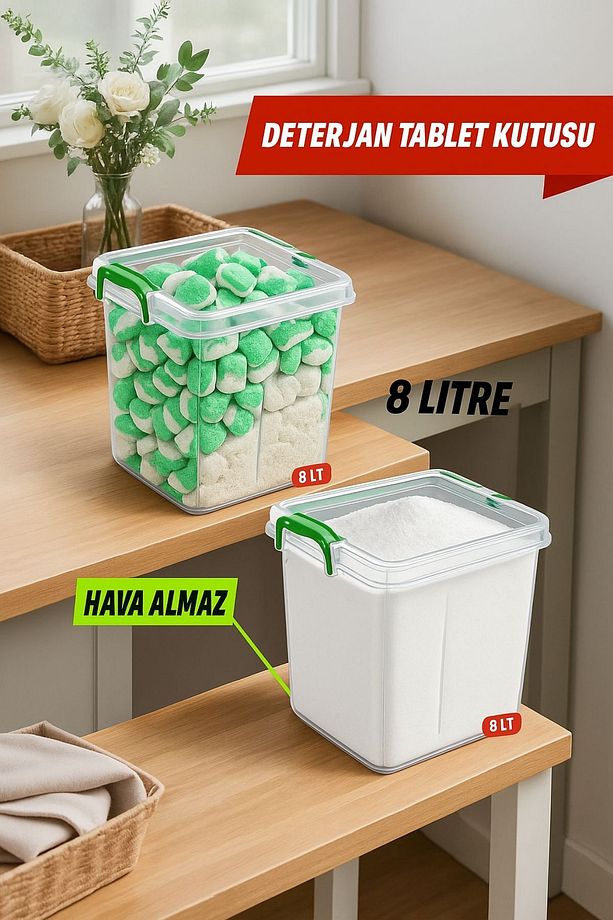 2'li Mega Boy 8 Lt Kilit Kapaklı Deterjan Saklama Kabı - Tablet Deterjan Saklama Kutusu Şeffaf - 1