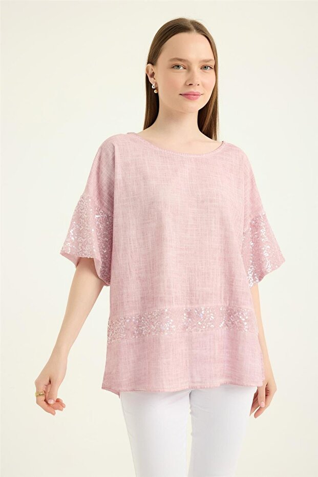 Payetli Kısa Kol Bluz - 1