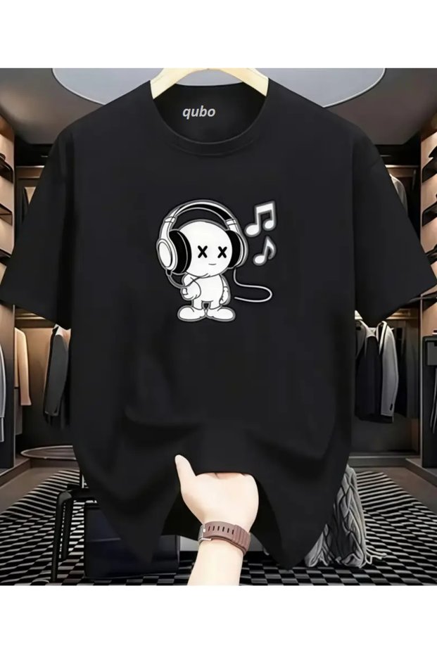 Qubo Unisex Oversize Printed Cotton Crew Neck Short Sleeve Black T-Shirt
