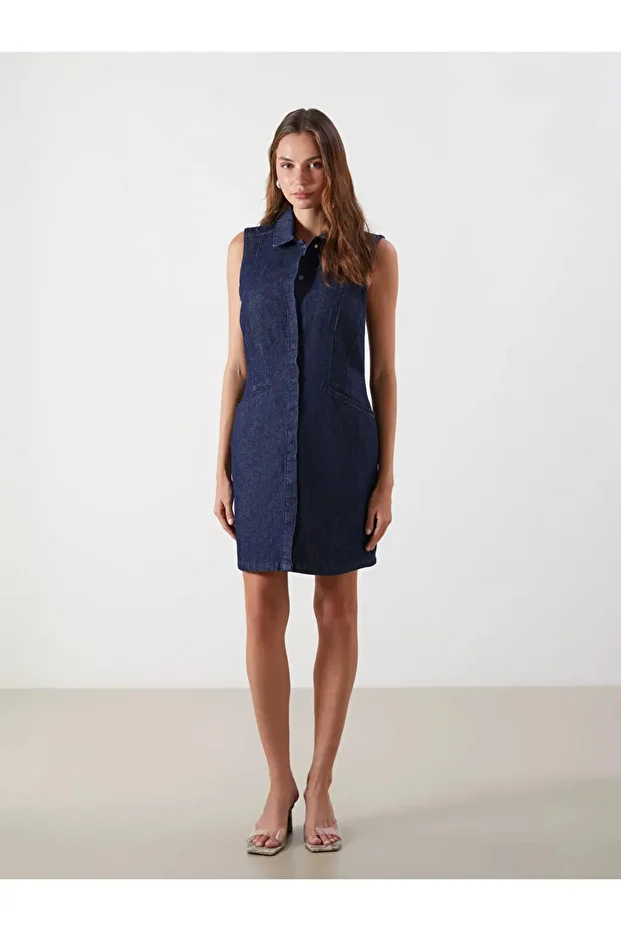 LCW Vision Indigo Gömlek Yaka Jean Elbise - 1