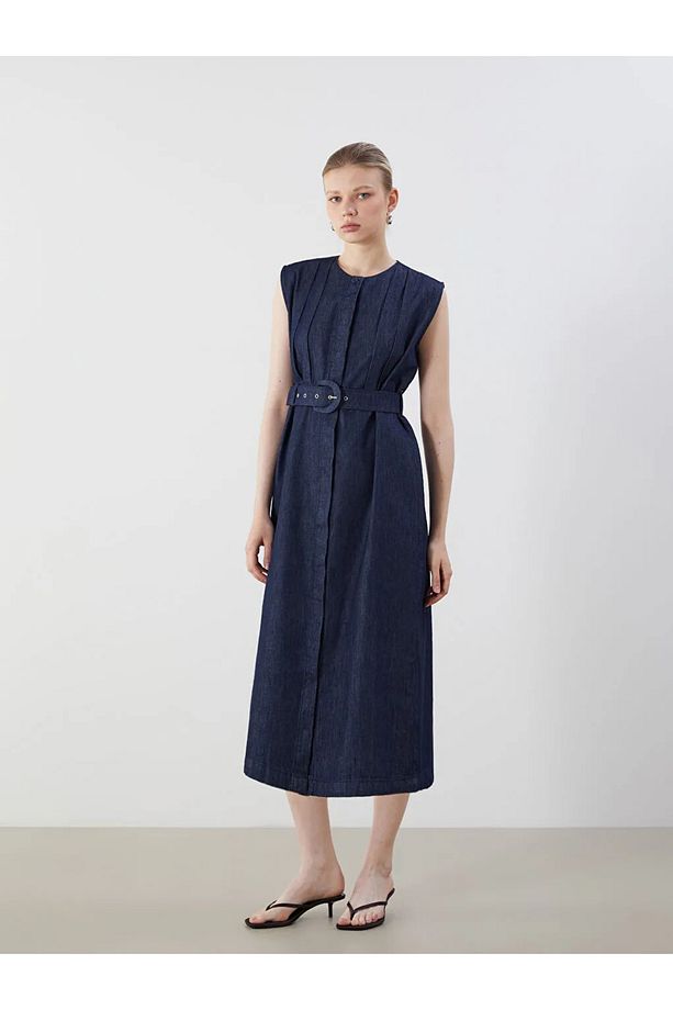 LCW Vision Indigo Bisiklet Yaka Kemerli Pileii Jean Elbise - 1