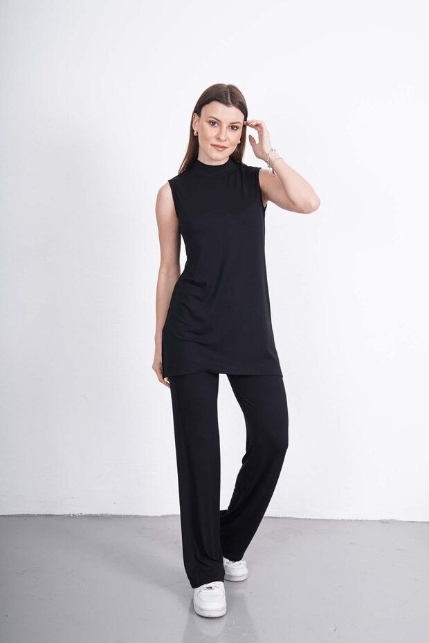 Sleeveless Tunic & Pants Set-Black