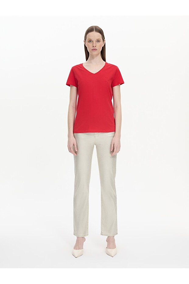 V Yaka Basıc Kısa Kol Regular Kırmızı T-shırt - 1