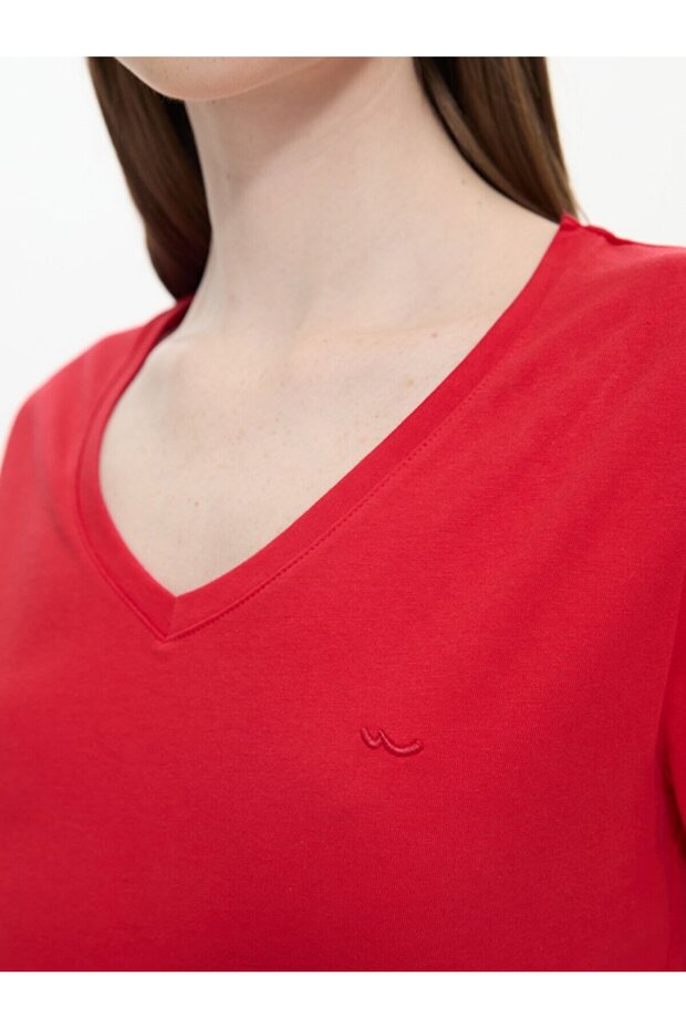 V Yaka Basıc Kısa Kol Regular Kırmızı T-shırt - 5