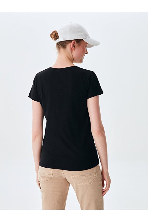 V Yaka Basıc Kısa Kol Regular Siyah T-shırt - 3