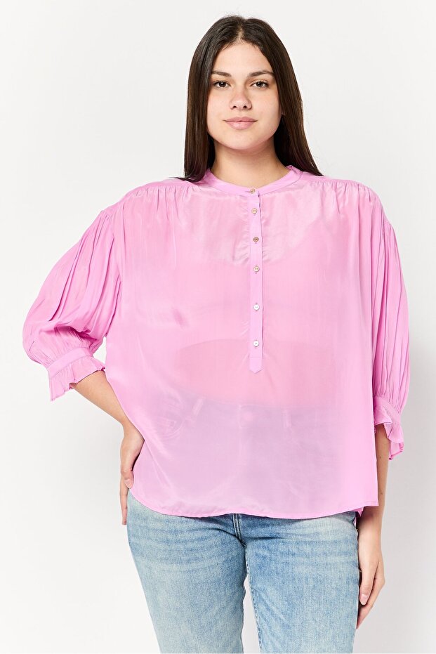 Women Band Collar 3/4 Sleeves Plain Top, Pink